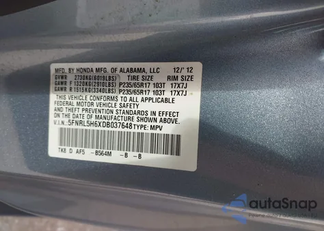 2013 Honda Odyssey Ex-L z USA, uszkodzony, nr VIN 5FNRL5H6XDB037648